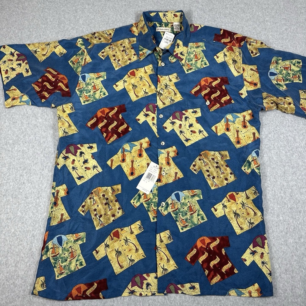 Burma Bibas 100% Silk Hawaiian AOP Button Up Blue Size Large Aloha Shirt NWT